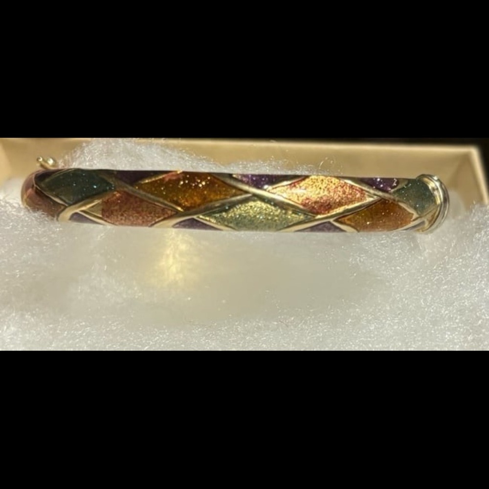 14k gold checkered enamel bangle bracelet - Picture 6 of 10